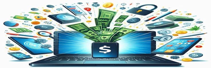 Powerful Ways To Make Money Online Avoiding Common Pitfalls featured image 632x1950w laptop and mobiles with money coming out of them with other item related to office working make xtra money online